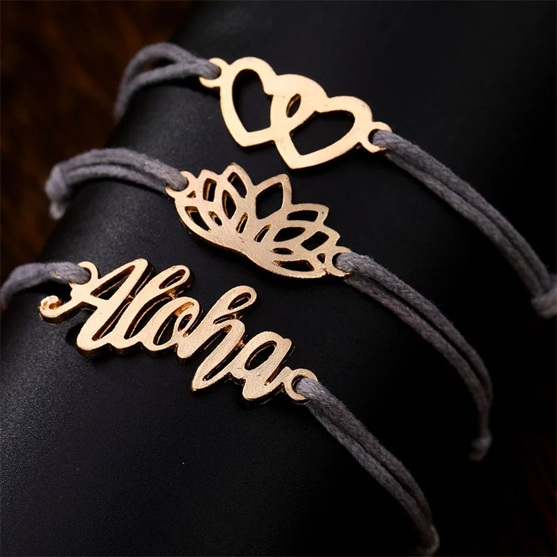 FNIO Bohemian Braided Bracelet Letter Double Love Lotus Set Three-Piece for Women's Jewelry Hot Sale Fashion Girl | Украшения и