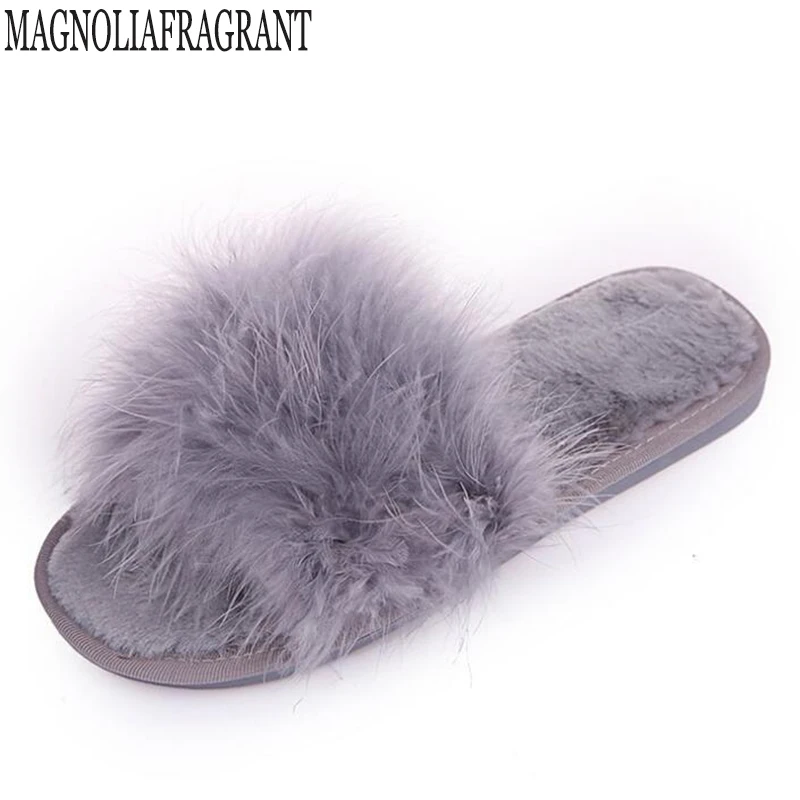 Женские меховые тапочки ostrich hair домашние пушистые слайдеры Плюшевые Пушистые