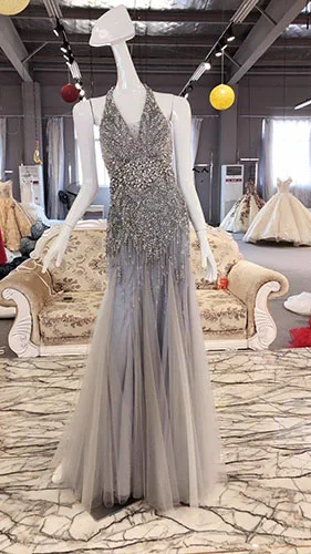 Cabestro rebordear lentejuelas Cristales Piedras Шампань de lujo Vestidos de gala Largos ЭЛЕГАНТ сексуальный para ni as - Цвет: Серебристый