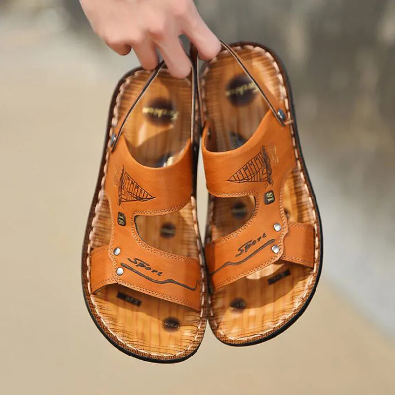 2019 New Men's Beach Waterproof Breathable Non-slip Leather Solid Color Sandals Summer Hasp Shoes Large size Sneakers | Обувь