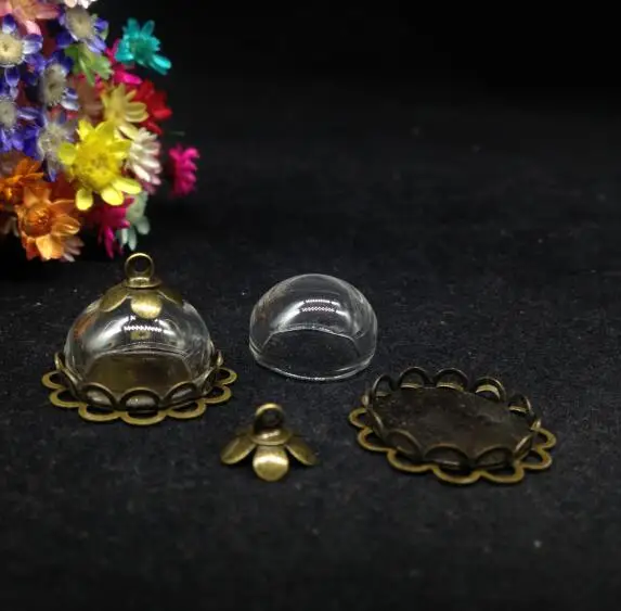 100 наборов 15 мм Стеклянная купольная бронза покрытая двойным кружевом основа