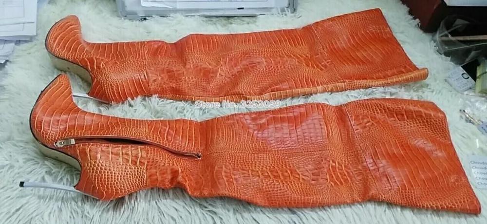 ALMUDENA/пикантные женские черные высокие сапоги из змеиной кожи на тонком металлическом каблуке модельные Сапоги выше колена с острым носком на молнии Прямая поставка