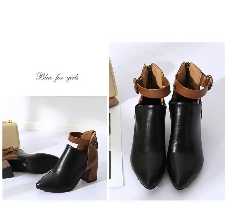 

Large Size 41-44 Women's Boots Autumn New Short Boots Retro High-Heeled Thick With Pointed Belt Buckle Female Leather Boots