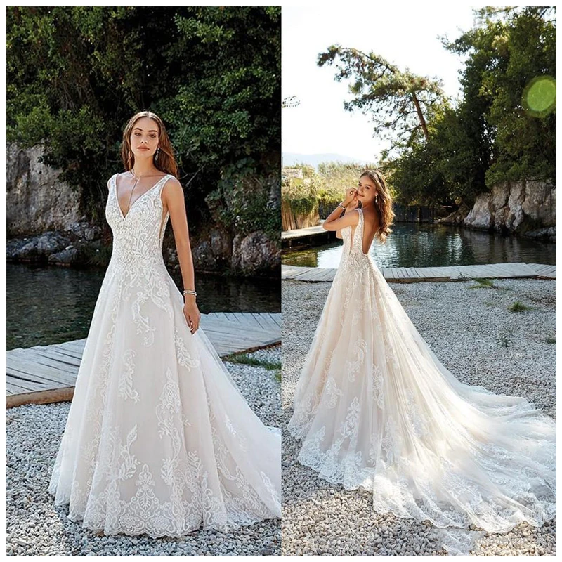 Кружевное Свадебное платье без рукавов с глубоким V-образным вырезом и