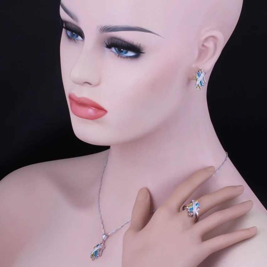 Divine Multigem Multicolor Yellow Cubic Zirconia Silver Plated Jewelry Sets Earrings Pendant Chain Ring V0968 | Украшения и