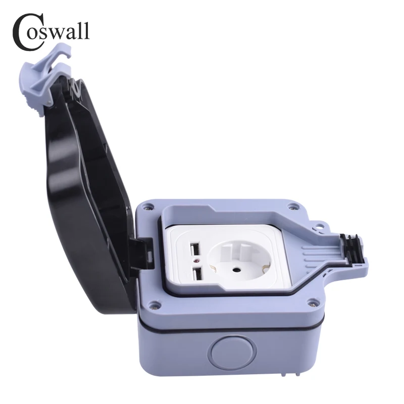 Водонепроницаемая уличная настенная розетка Coswall IP66 16 А с двойным USB портом для