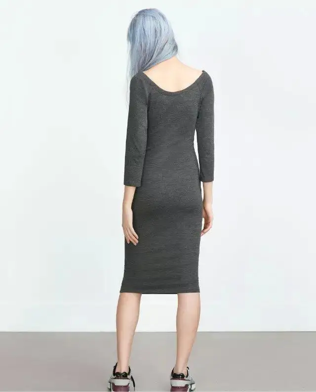XC126 Fashion 2016 Women Gray Stretch Mid-Calf Sport Dress O-neck Three Quarter Sleeve Fit Causal Brand Female Vestidos | Женская одежда