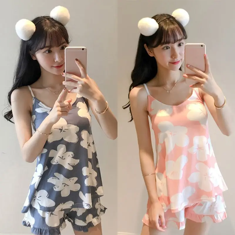 Women Girls Summer Pajamas Set V-Neck Padded Camisole Ruffles Shorts Sleepwear Cute Rabbit Love Heart Floral Sling Loungewear | Женская