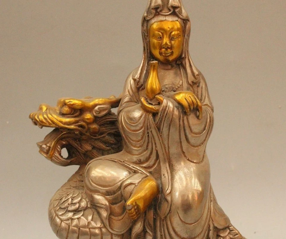 8 &quotКитайский Buddhiam Серебряный Gild Сиденья Дракон Кван-инь Бодхисаттвы Статуя | Дом