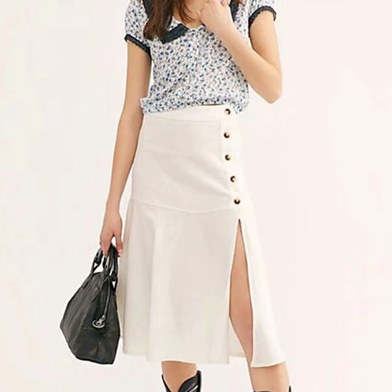 2019 Summer Sexy Split Women's Skirt Fashion Solid Button Yellow White Black High waist A-Line Midi Skirts Jupe Femme Saia | Женская