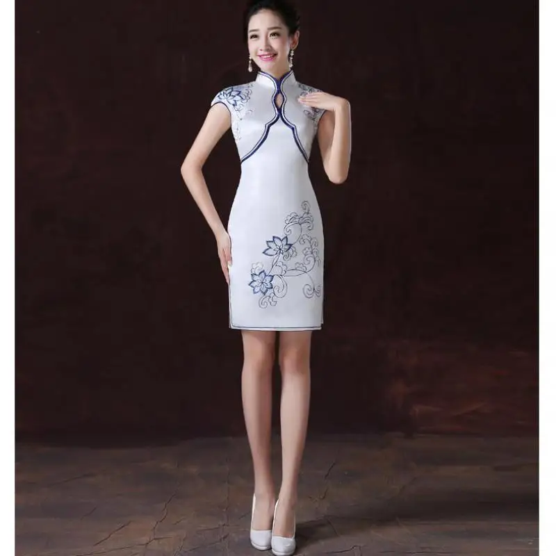 Белый женский цветок Qipao восточный женский улучшенный Cheongsam китайский невесты печатных атласное свадебное платье vestidos XS-XXL