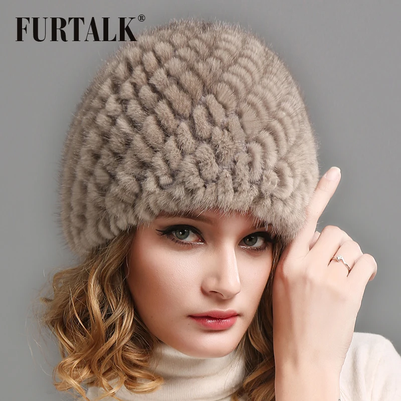 Женская меховая шапка FURTALK мягкая бини из натурального меха норки вязаная в