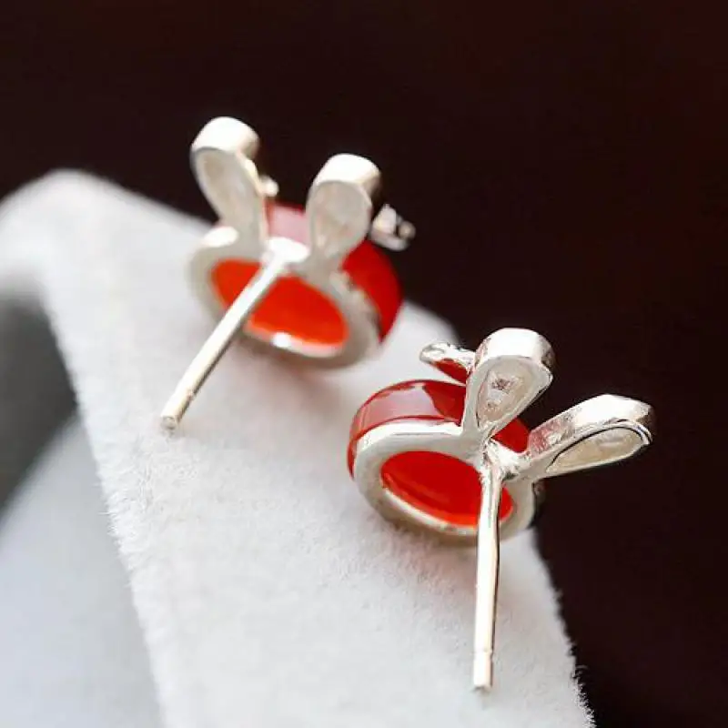 GQTORCH 925 Sterling Silver Earrings For Women Inlaid Natural Red Agate Onyx Yellow Chalcedony Cute Cartoon Lovely Rabbit Girls | Украшения