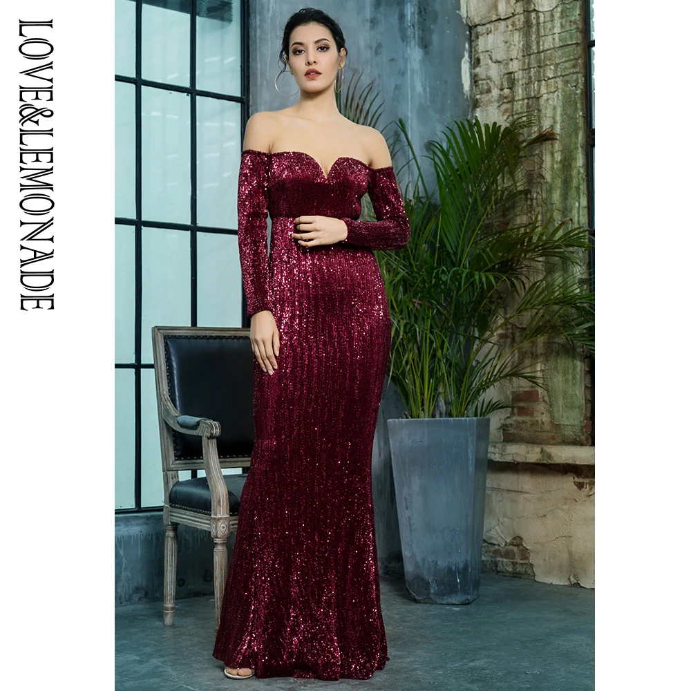 Женское длинное платье LOVE &amp LEMONADE винно-красное эластичное с глубоким V-образным