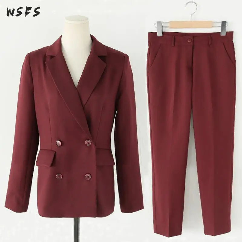 

2 Pieces Set Autumn Business Womens Bandage Red Black Suit Full Sleeve Jacket Elegant Long Pants Work Office OL Ladies Suits