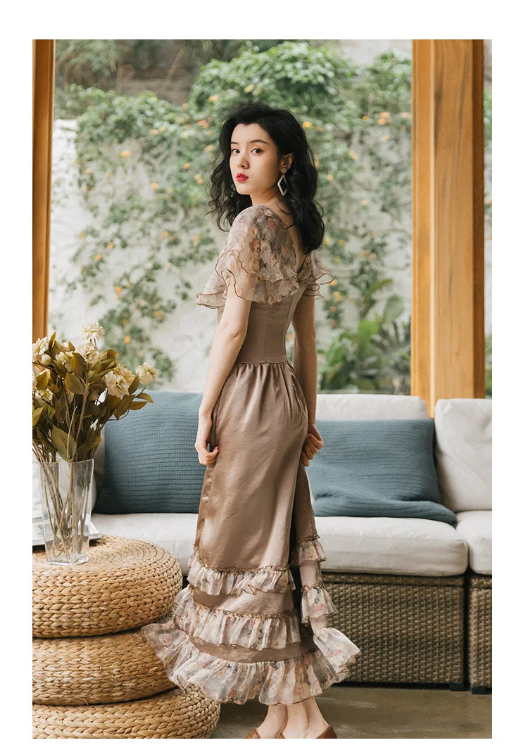 Женское платье с высокой талией v-образным вырезом и оборками в стиле ретро