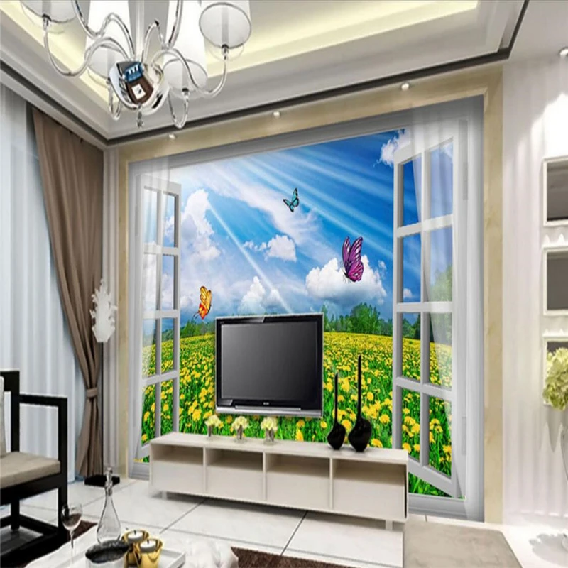 Фотообои для стен 3D с изображением подсолнуха и белого окна | Обустройство дома