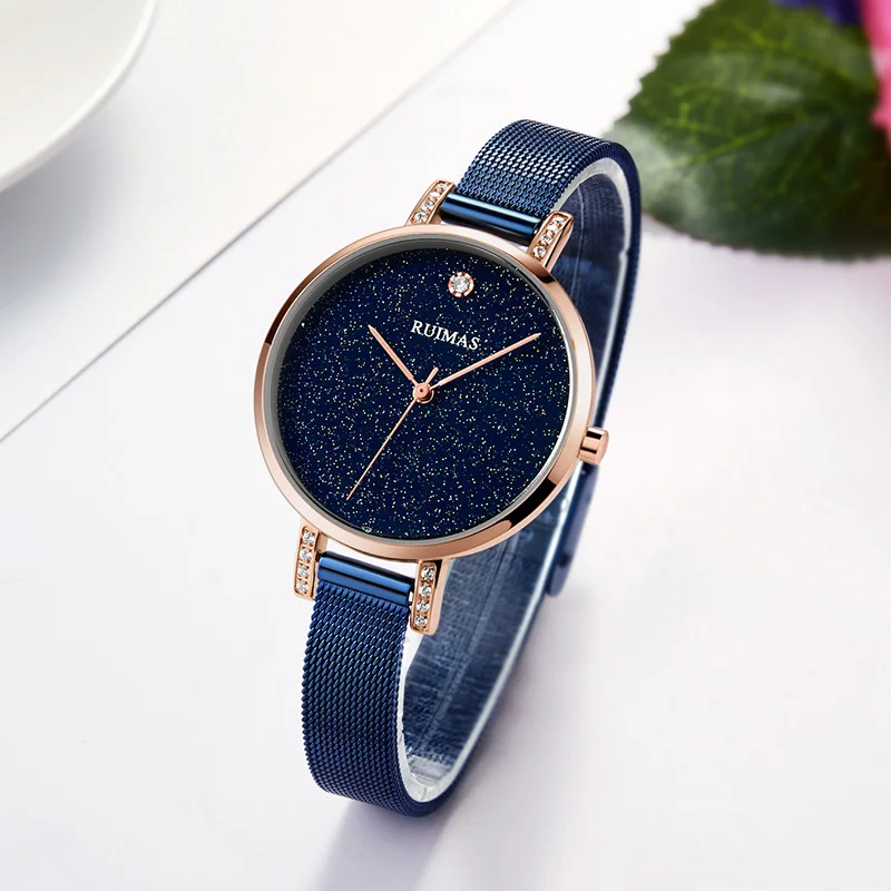 Женские наручные часы Ruimas роскошные цвета розового золота минимализм звездное