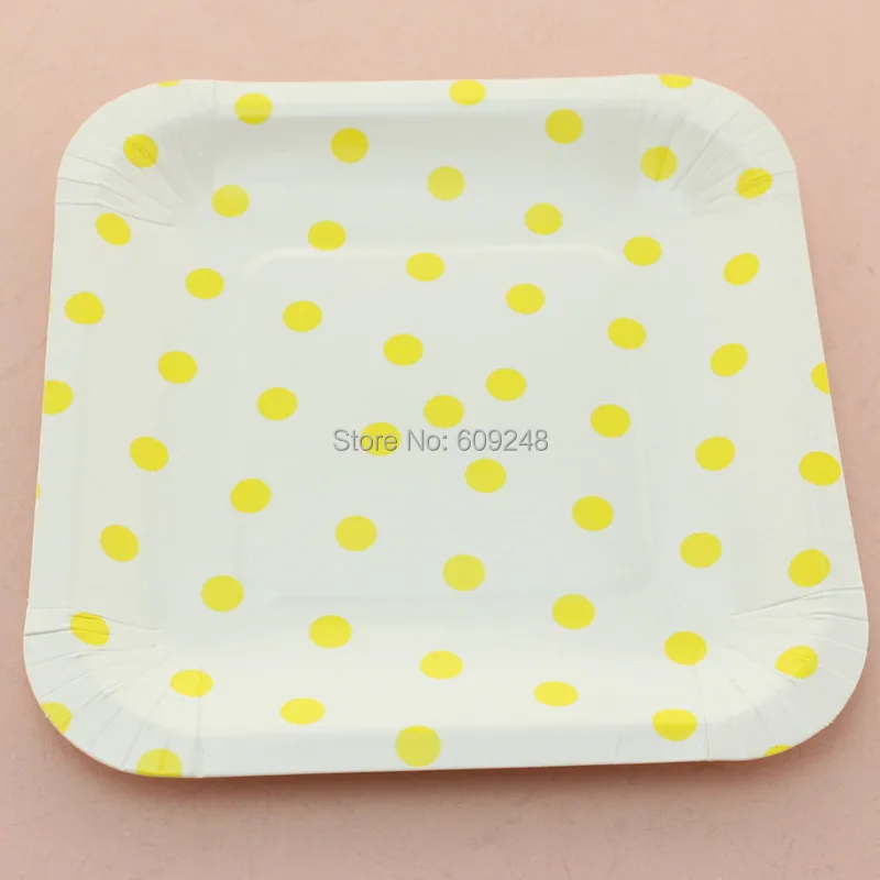 24 шт 7 &quotДень рождения Свадьба желтый горошек квадратные бумажные тарелки