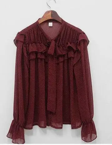 Burgundy Женские топы с галстуком-бабочкой в Корейском стиле, дизайнерские винтажные топы с расклешенными рукавами, милые красные, черные шифоновые блузки в горошек с оборками, рубашка - Цвет: Burgundy
