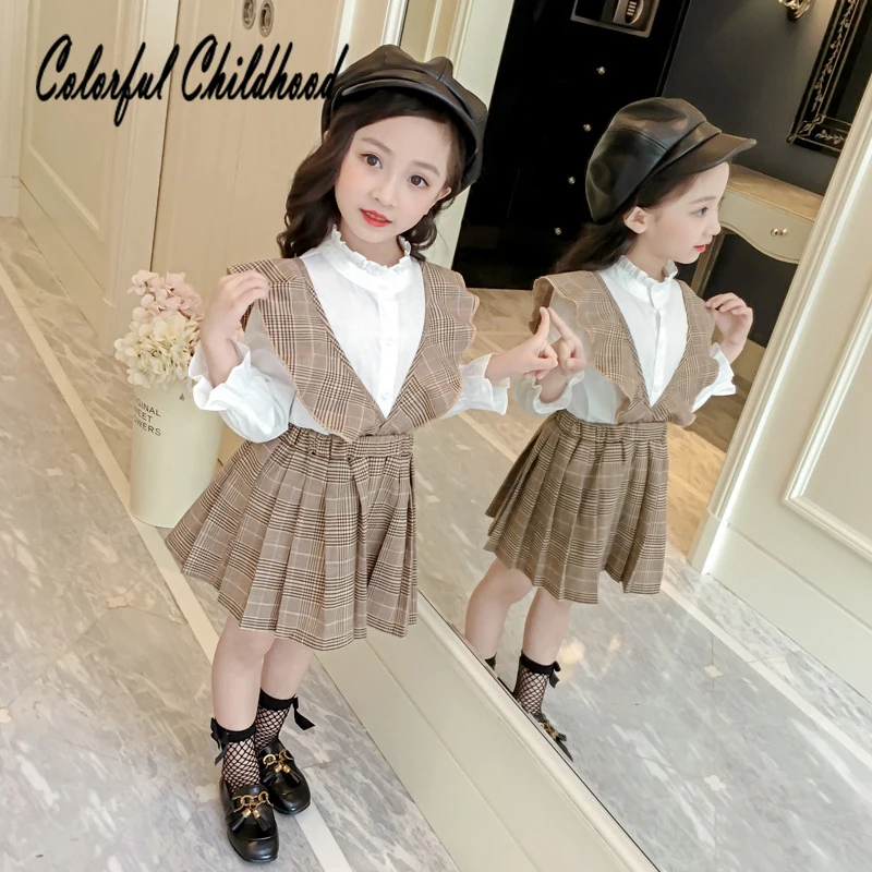 Одежда для девочек костюм с Однотонные Блузка + клетчатая юбка на подтяжках