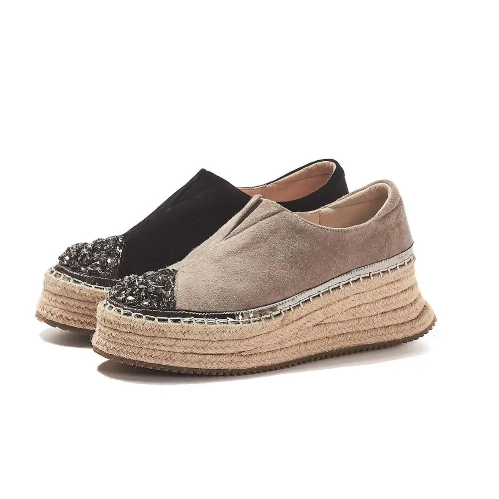 

Krazing pot kid suede high heels slip on straw crystal women pumps round toe brand platform classic office lady casual shoes L08