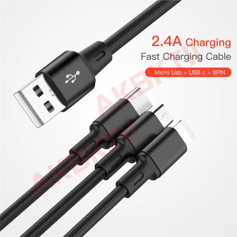 AKBKTII usb-кабель для зарядки iPhone XS X 8 7 3 в 1 кабель Micro USB C type samsung note 10 S10 S9 S8 | Мобильные