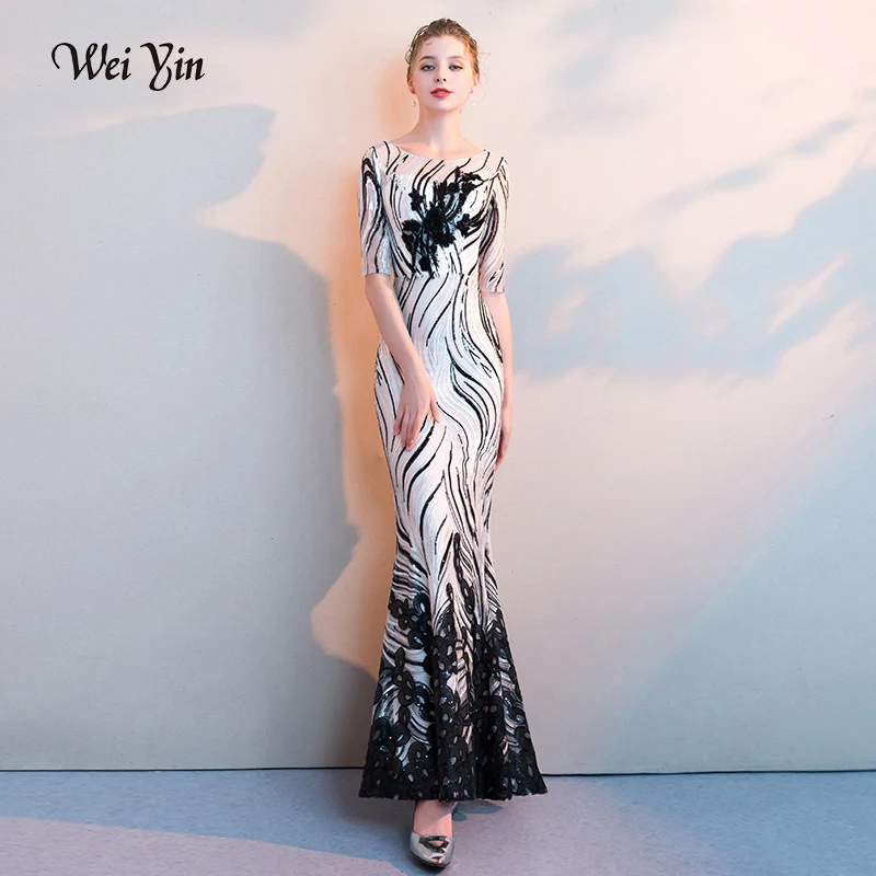 

weiyin Long Evening Dress 2021 O-Neck Short Sleeves Mermaid Women Party Dress Long Formal Dresses Robe De Soiree