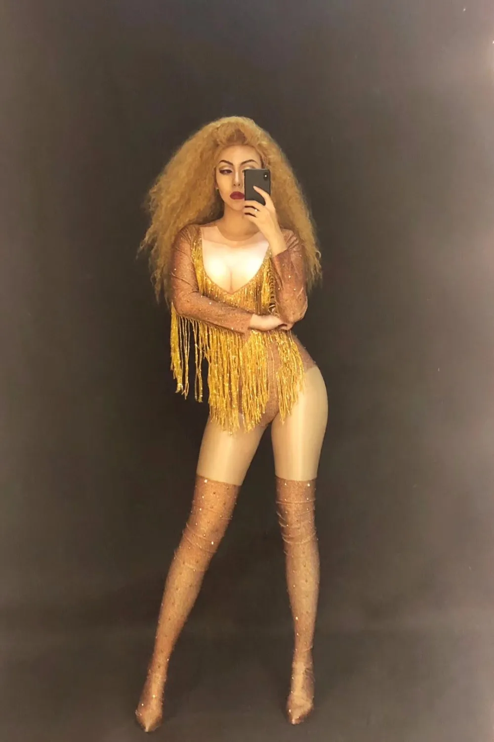 Hot Sale Women Sexy Stage Gold Tassel Dj Bodysuit Stage Wear Dancer Singer Bling Costumes Nightclub Party Performance Show Dance Costumes