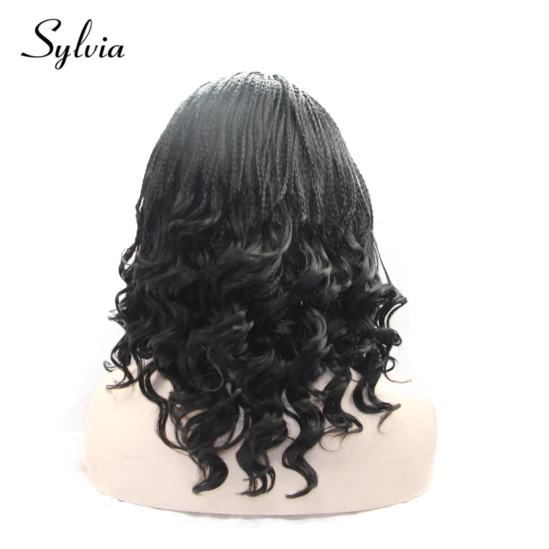 Sylvia 1b# black micro braiding with curly tips synthetic lace front wigs natural braided box braids heat resistant hair wigs