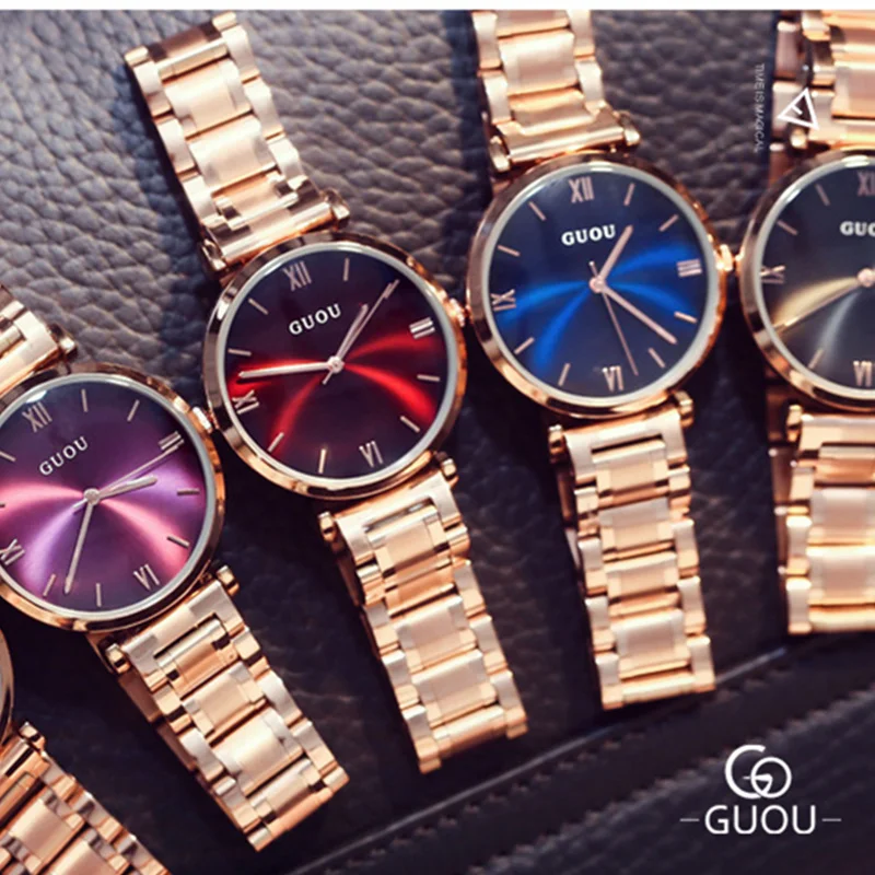 GUOU часы Для женщин лучший бренд класса люкс из розового золота качество Часы Мода