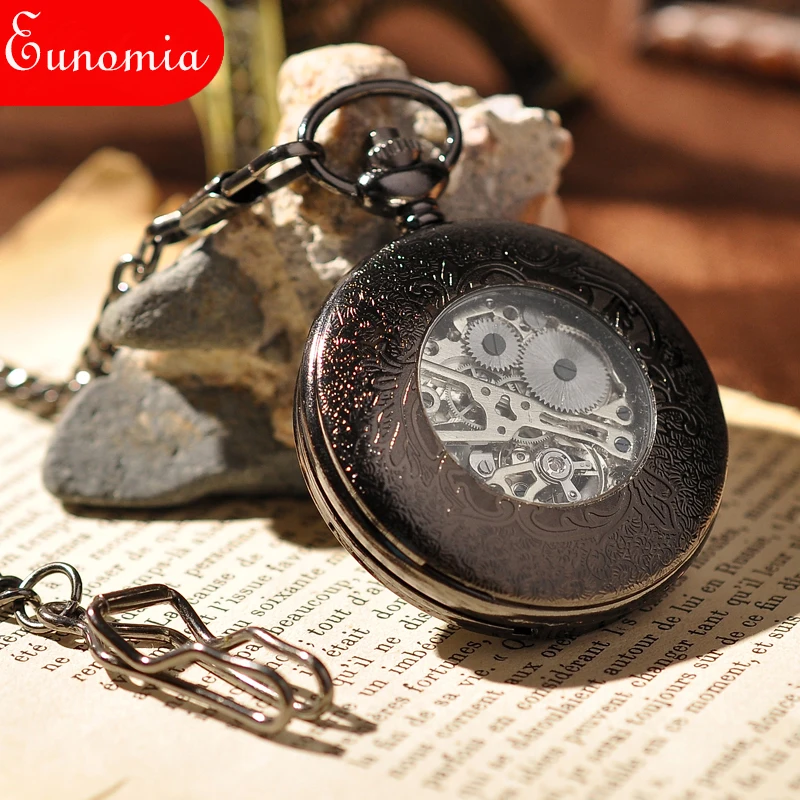 Black Love Heart Vintage Skeleton Mechanical Pocket Watch With Key Chain Fashion Cool Steampunk Antique Sales Gift | Наручные часы
