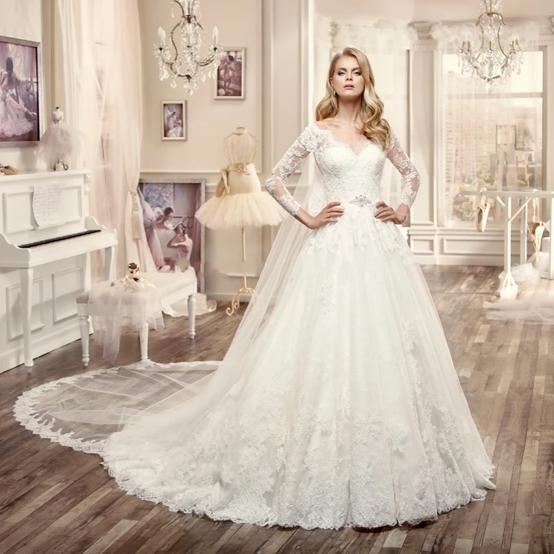 Vestido Де Casamento 2017 Сшитое Белый/Слоновая Кость Тюль Аппликации Кристалл Семь Рукав