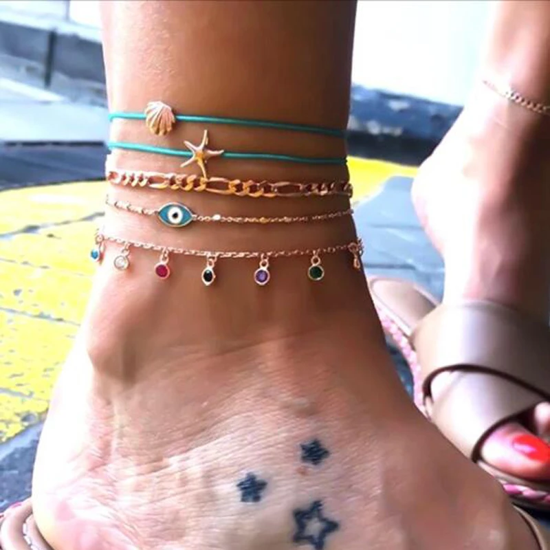 

Docona Boho Beach Starfish Shell Devil Eye Layered Anklet For Women Girl Charms Colorful Crystal Rope Anklets Jewelry 4168