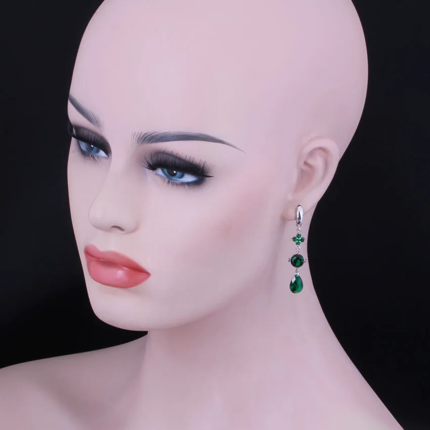 Безупречные серьги-капли с зеленым кубическим цирконием покрытые серебром V0824 |