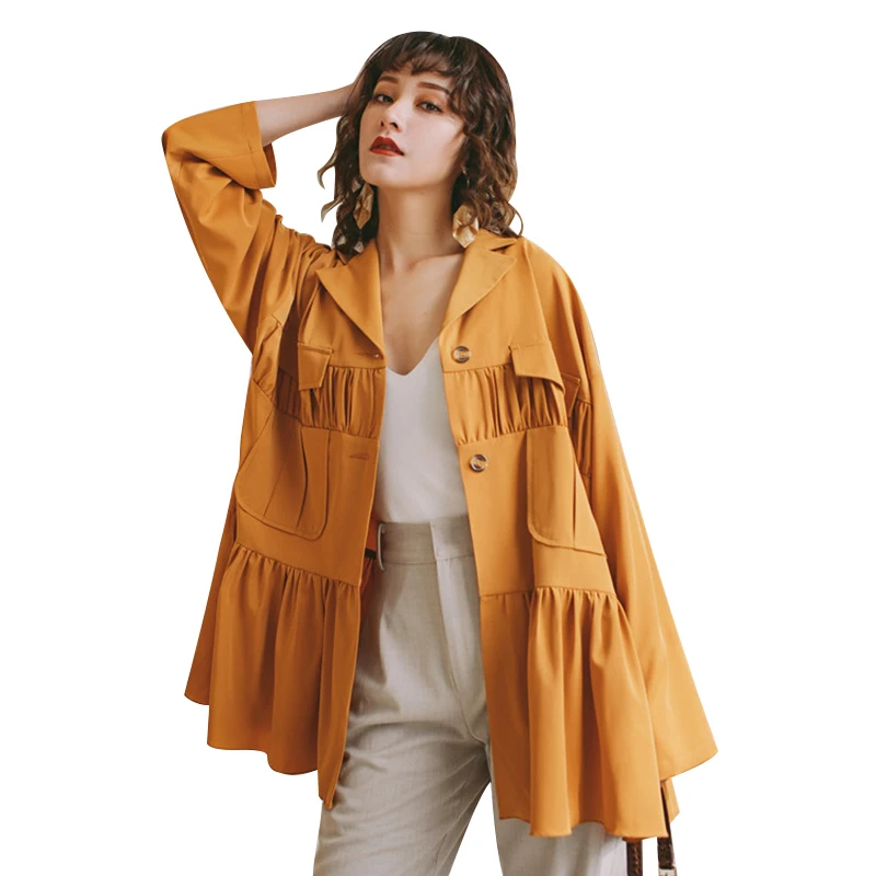 GALCAUR Vintage Ruched Blazer For Women Lapel Collar Long Sleeve Large Size Coat Female Fashion Clothing Summer New