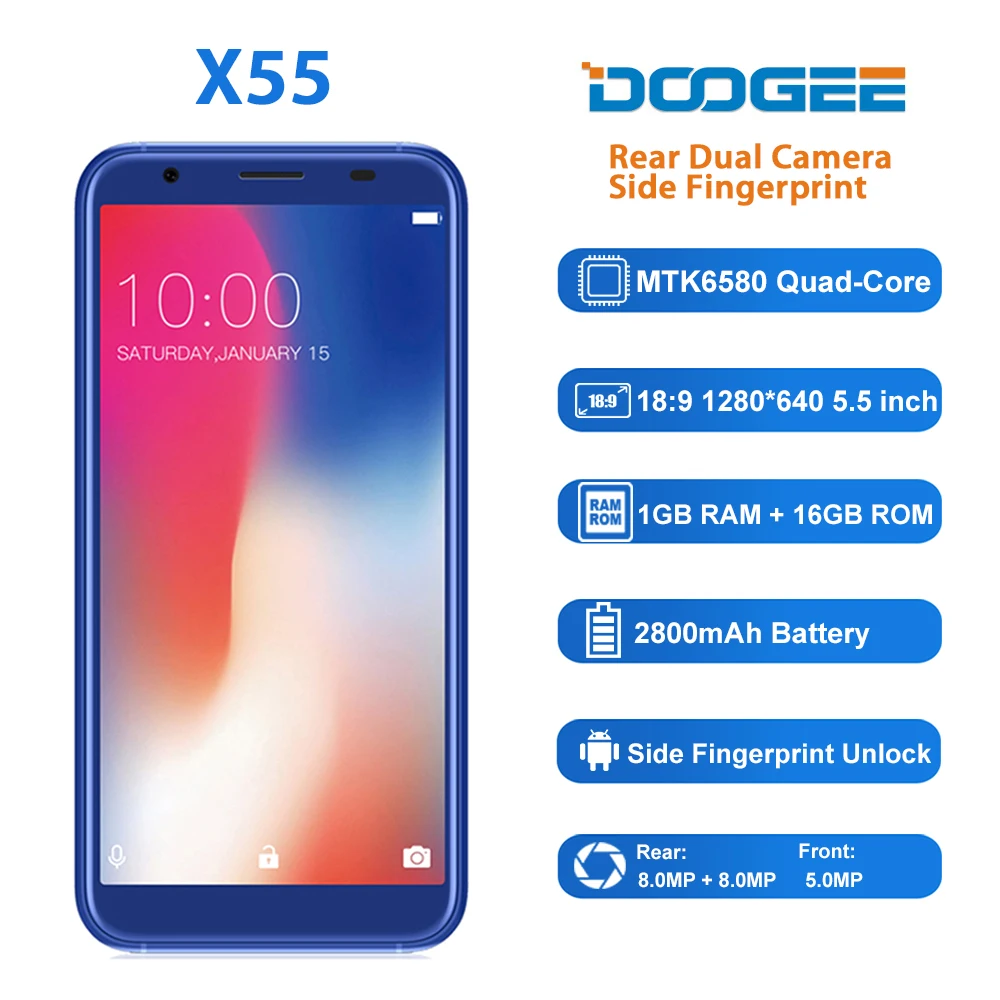 DOOGEE X55 смартфон 4 ядра Android 7 0 сотовый телефон с функцией отпечатка пальца ID 5