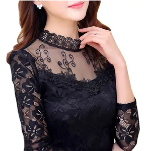 Новинка, большие размеры, тонкие женские кружевные рубашки со стоячим воротником, сексуальная открытая блузка, Универсальные женские топы с высоким воротником, зимние Джемперы, WZ482