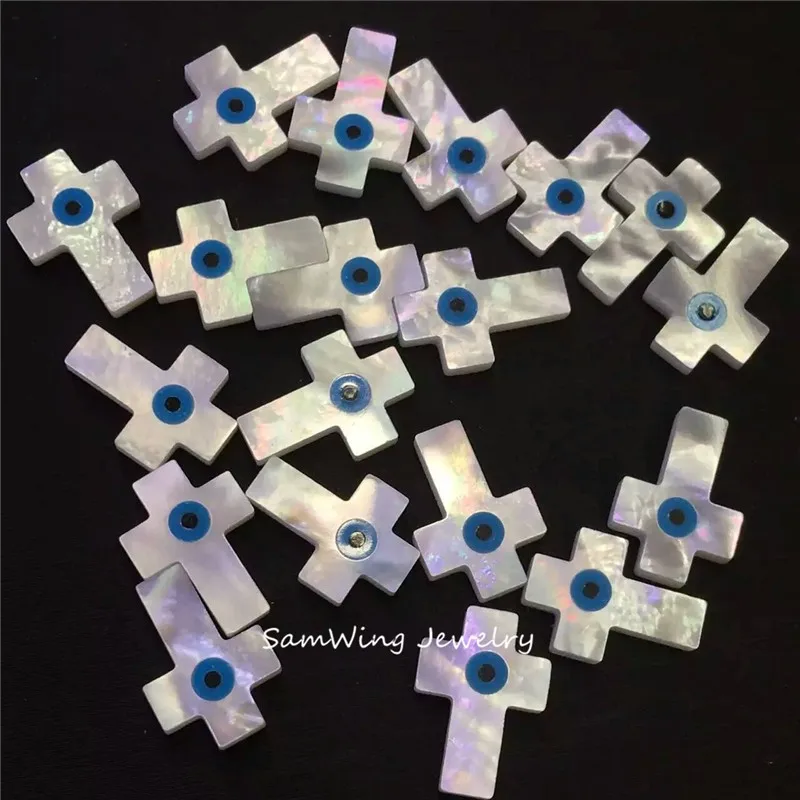 (30 шт./лот) перламутровая оболочка крестообразные бусины с синими глазами для