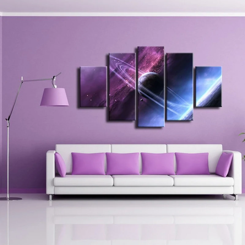

5 Panel Unframed Space Galaxies Planets Landscape Oil Painting Planetary Rings Moons Purple Stars Canvas Poster Print Home Decor
