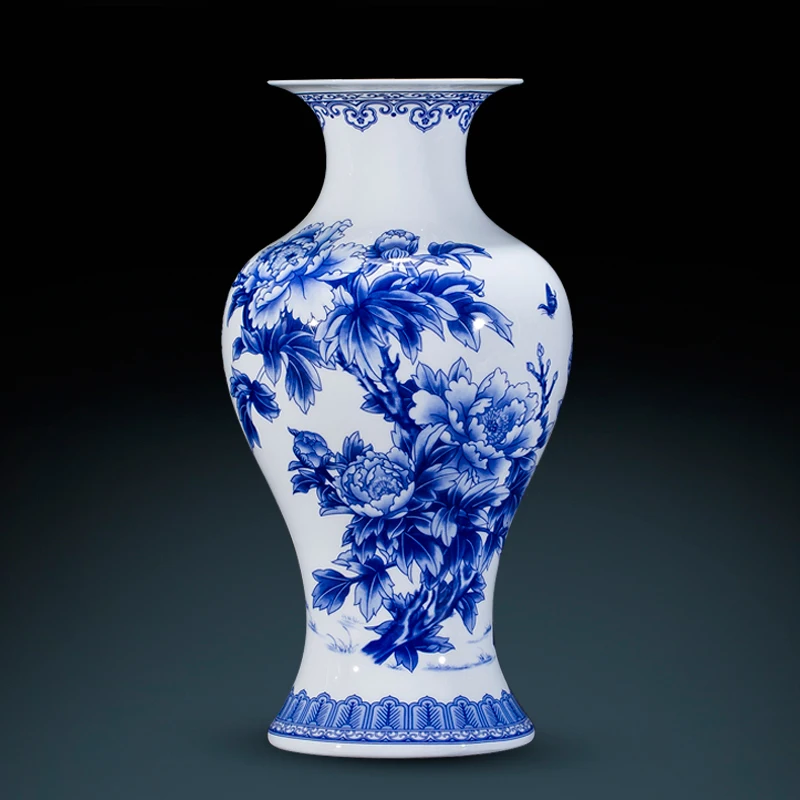 Фарфоровая сине белая ваза с пионами керамическая Jingdezhen для цветов предметы