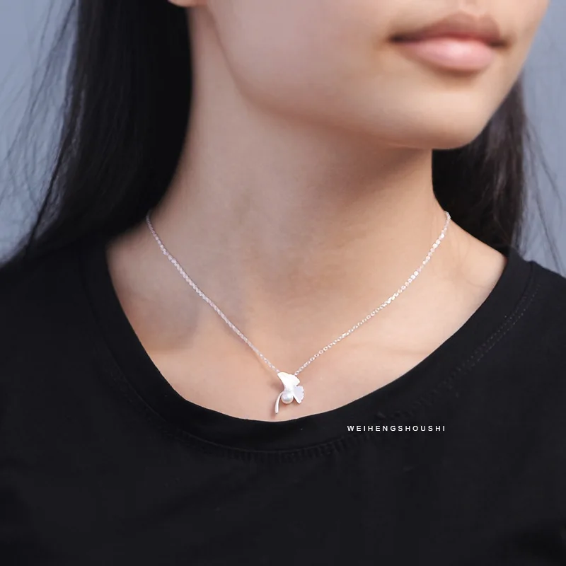1.5cm high quality 925 Sterling Silver Ginkgo Leaf shape pearl short Necklace female pendant cute chain girls gift | Украшения и
