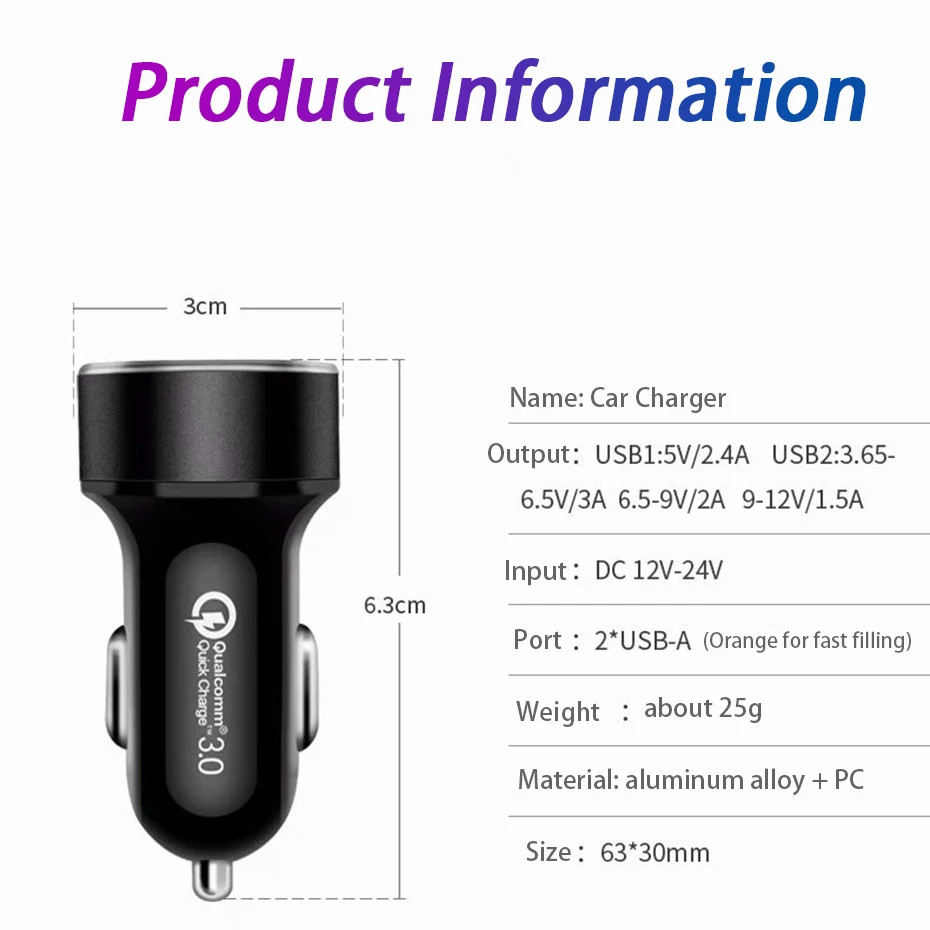 Автомобильное зарядное устройство QC3.0 + 2.4A с двумя USB портами ЖК дисплеем 12 24