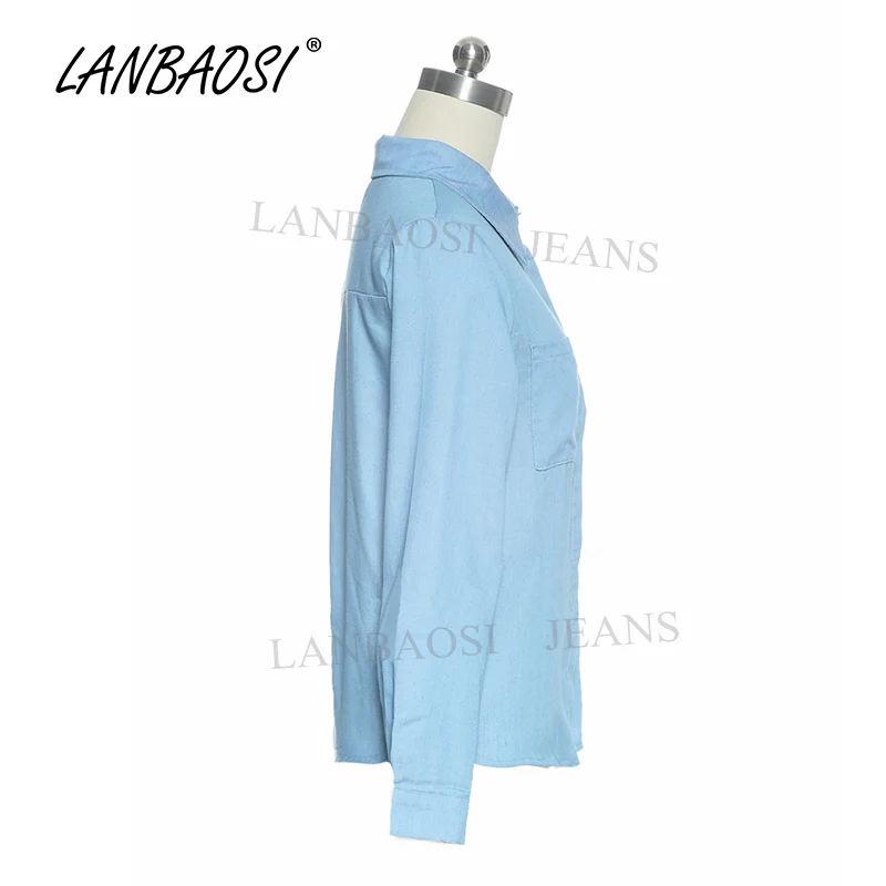 LANBAOSI джинсовые женские светло голубые рубашки повседневные свободные из хлопка