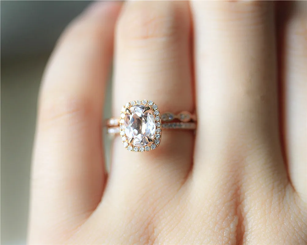 

DUPUY Natural 6*8mm Oval Morganite Engagement Ring Set Art Deco Half Eternity Diamond Wedding Ring Set Solid 14K Rose Gold Set