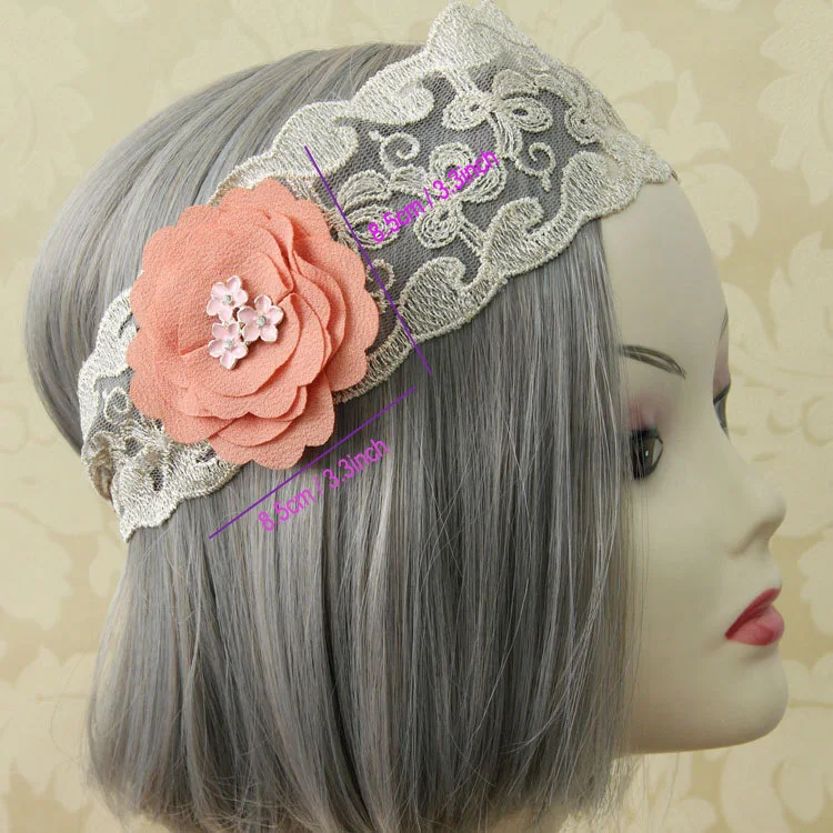 Handmade Pretty Womens 2.8&quot Width Crystal Pink Flower Filigree Lace Bungee Hair Band Elastic Headband Head Wrap Boho Party Dance |
