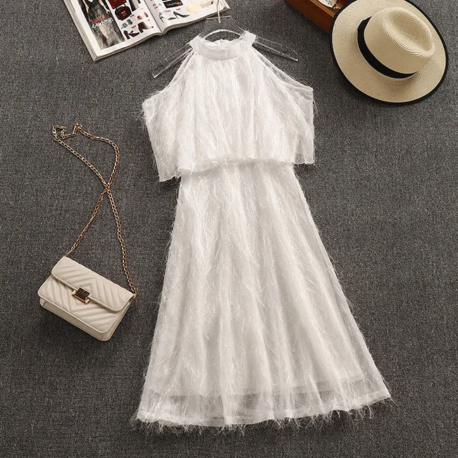 2019 летнее Новое поступление белое платье с круглым вырезом без рукавов