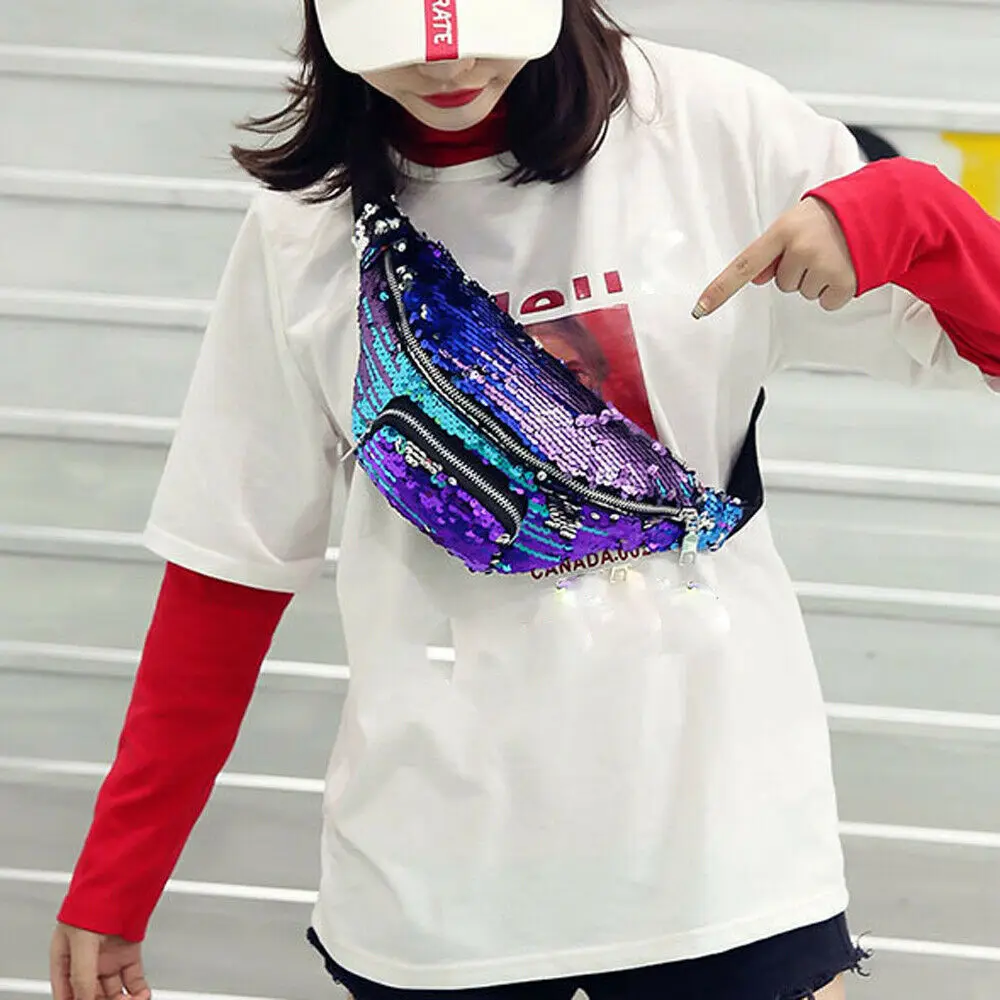 Новинка 2019 Женская Блестящая сумка на молнии с блестками и поясная праздничный