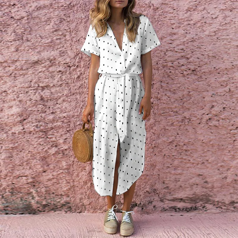 Sexy Casual Daily Bow Tie V Neck Dot Button Dress Short Sleeve Long Women Vestido Midi Plus Size 50j372 | Женская одежда