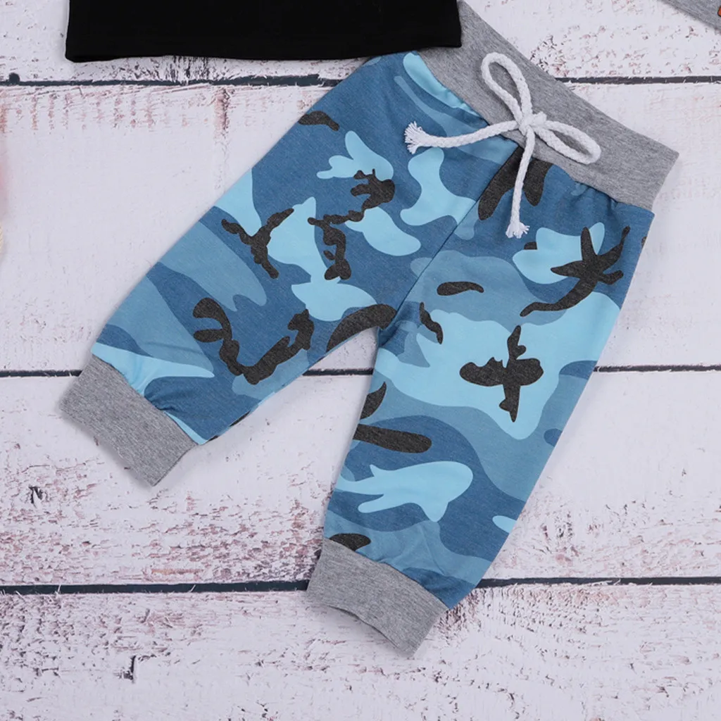 Одежда для новорожденных камуфляжные мальчика футболка Топы Брюки шляпы и шарф